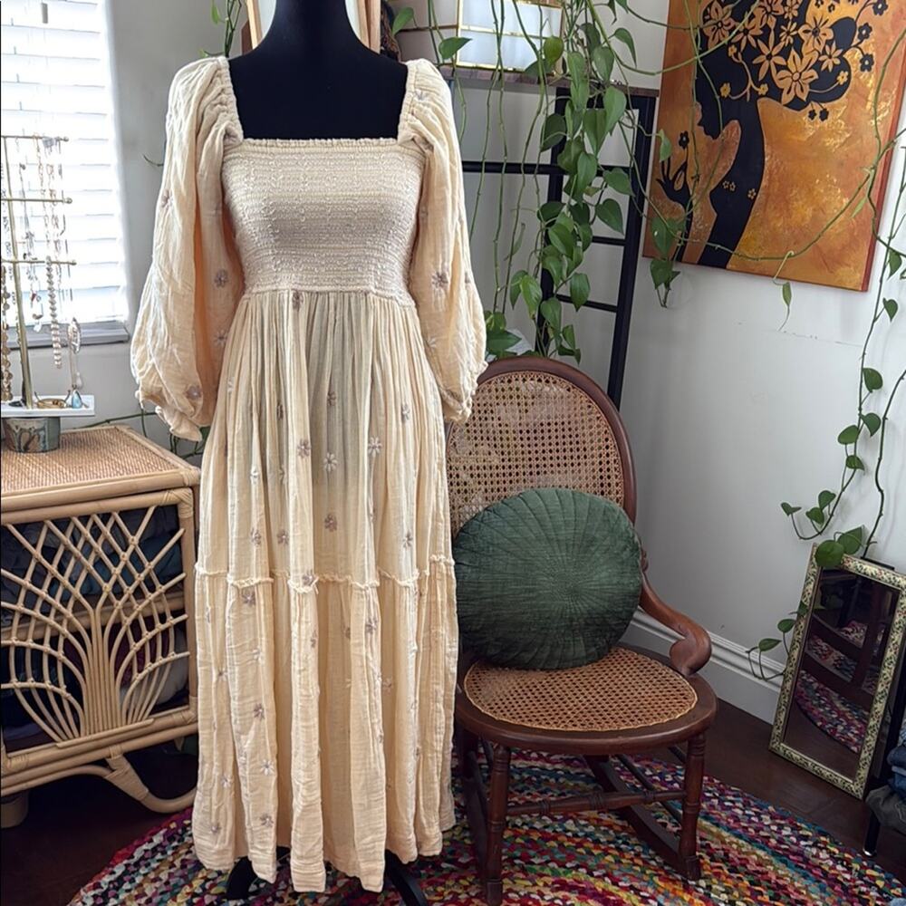 NWT Free People Dahlia Pearl Island Embroidered Boho Hippie Brunch Maxi Dress